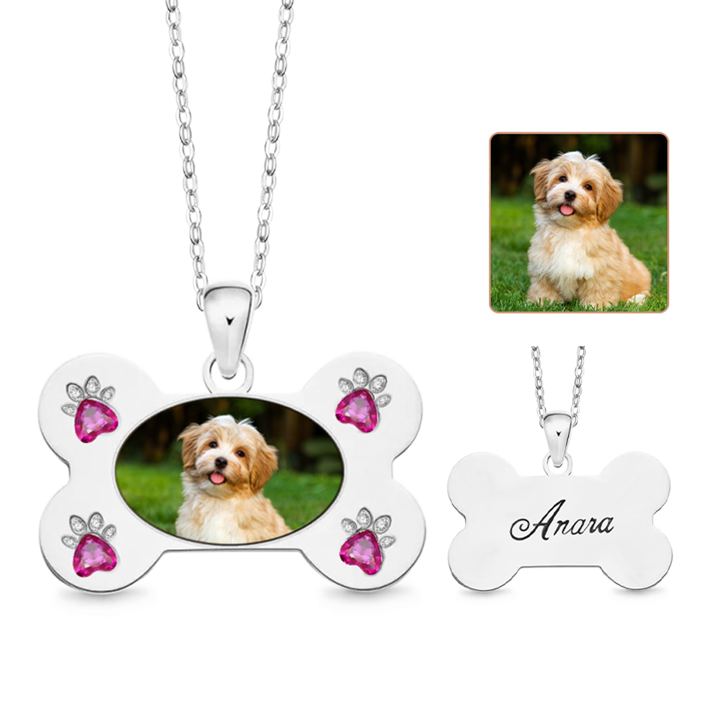 Gnoce Custom Dog Bone Photo Necklace with Paw Birthstone_2