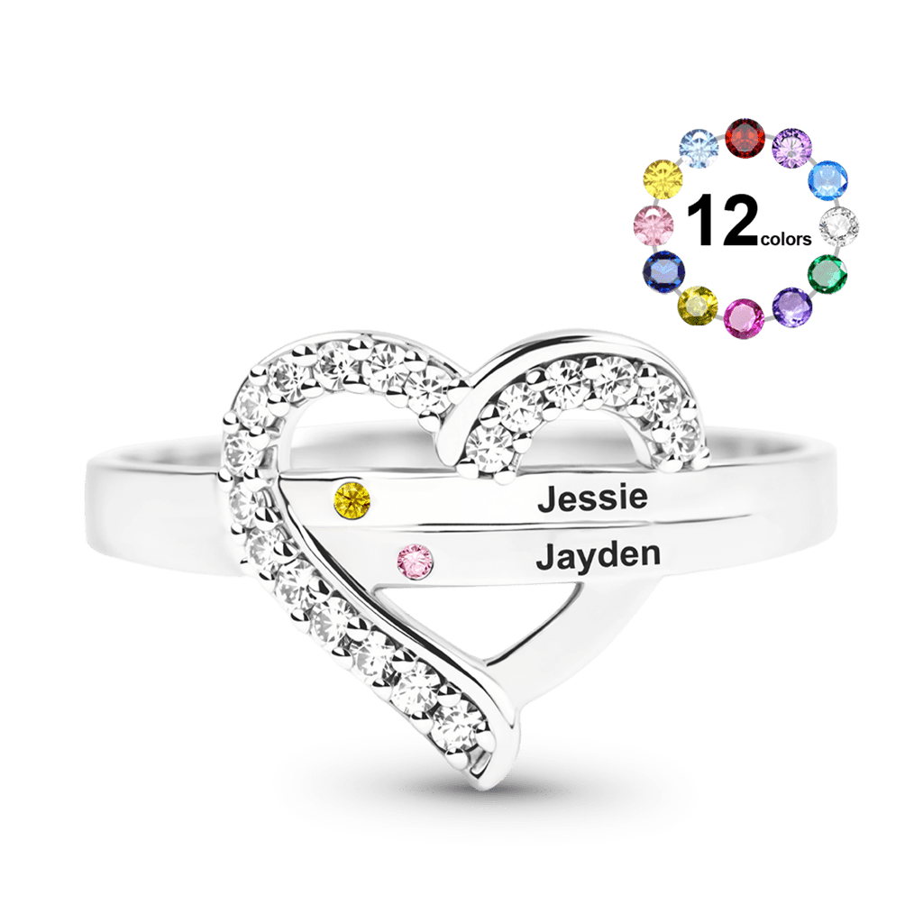 Gnoce Personalized Birthstone Heart Ring with Up to 3 Names_1