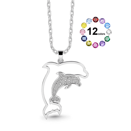 Gnoce Dolphin Necklace Mother & Baby Dolphin Pendant with Customizable Birthstone_1