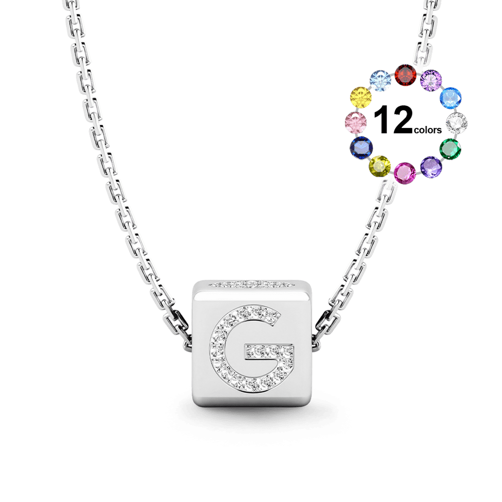 Gnoce Cube Necklace with Personalized Initial and Birthstone_1