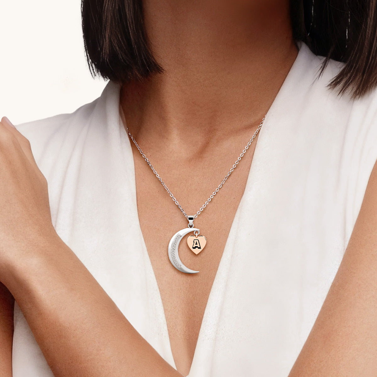 Gnoce Custom Birthstone Moon Necklace with Heart Letter Pendant_2