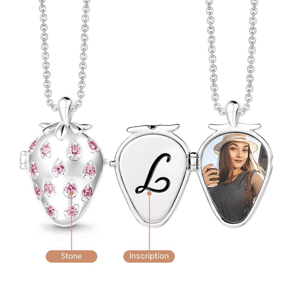 Gnoce Custom Strawberry Photo Locket Necklace with Birthstone & Personalized Inscription_2