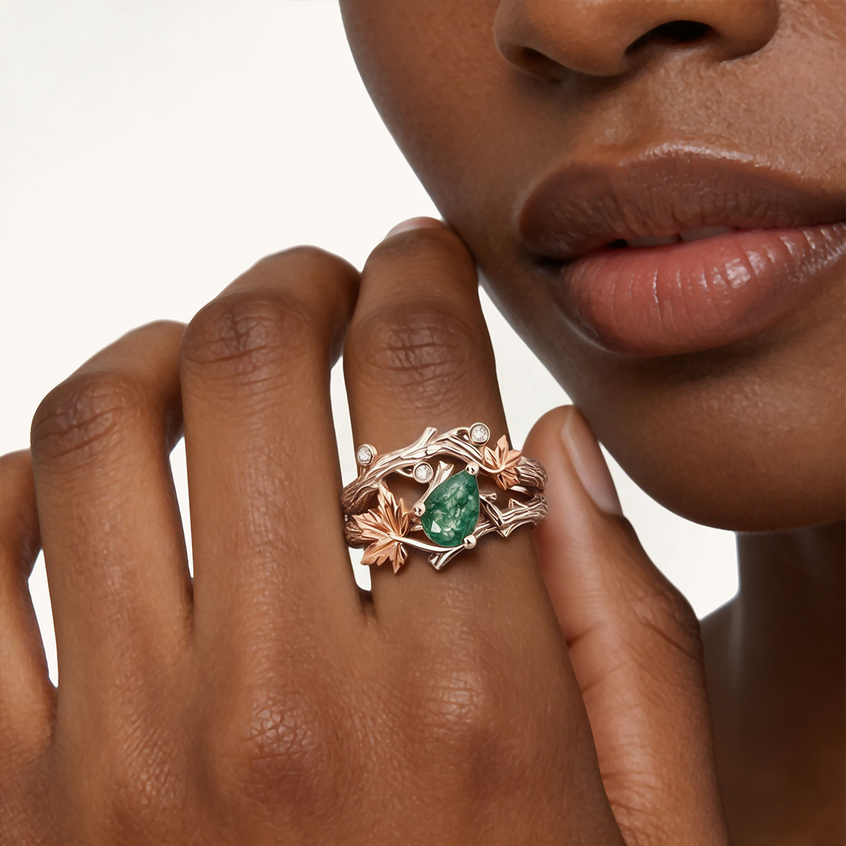 Gonce Nature-Inspired Vine & Leaf Moss Green Pear-Cut Engagement Ring Set_2