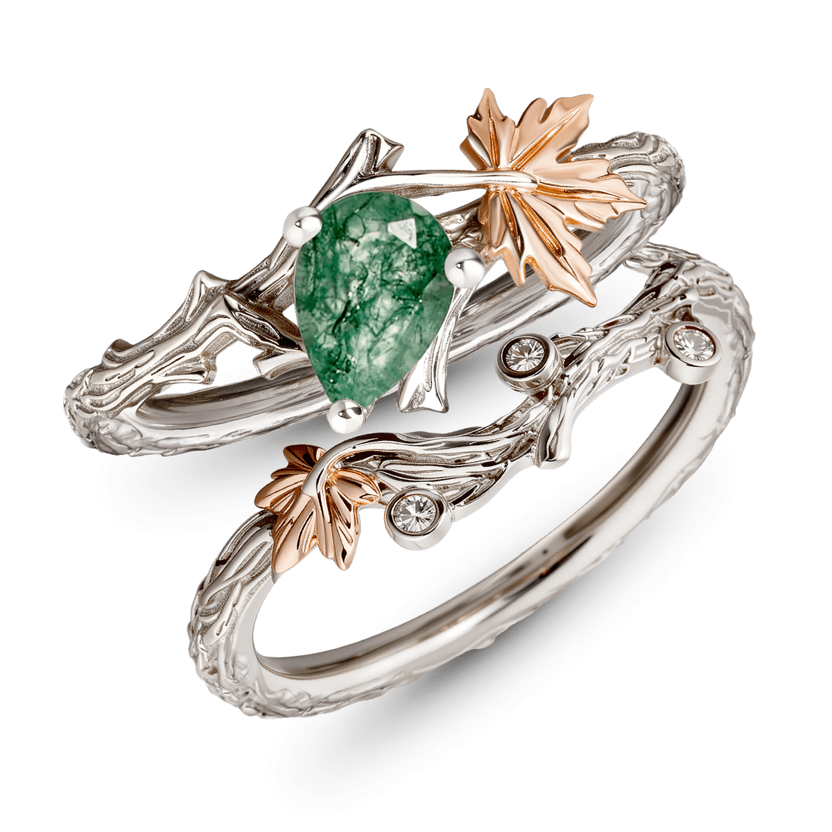 Gonce Nature-Inspired Vine & Leaf Moss Green Pear-Cut Engagement Ring Set_4