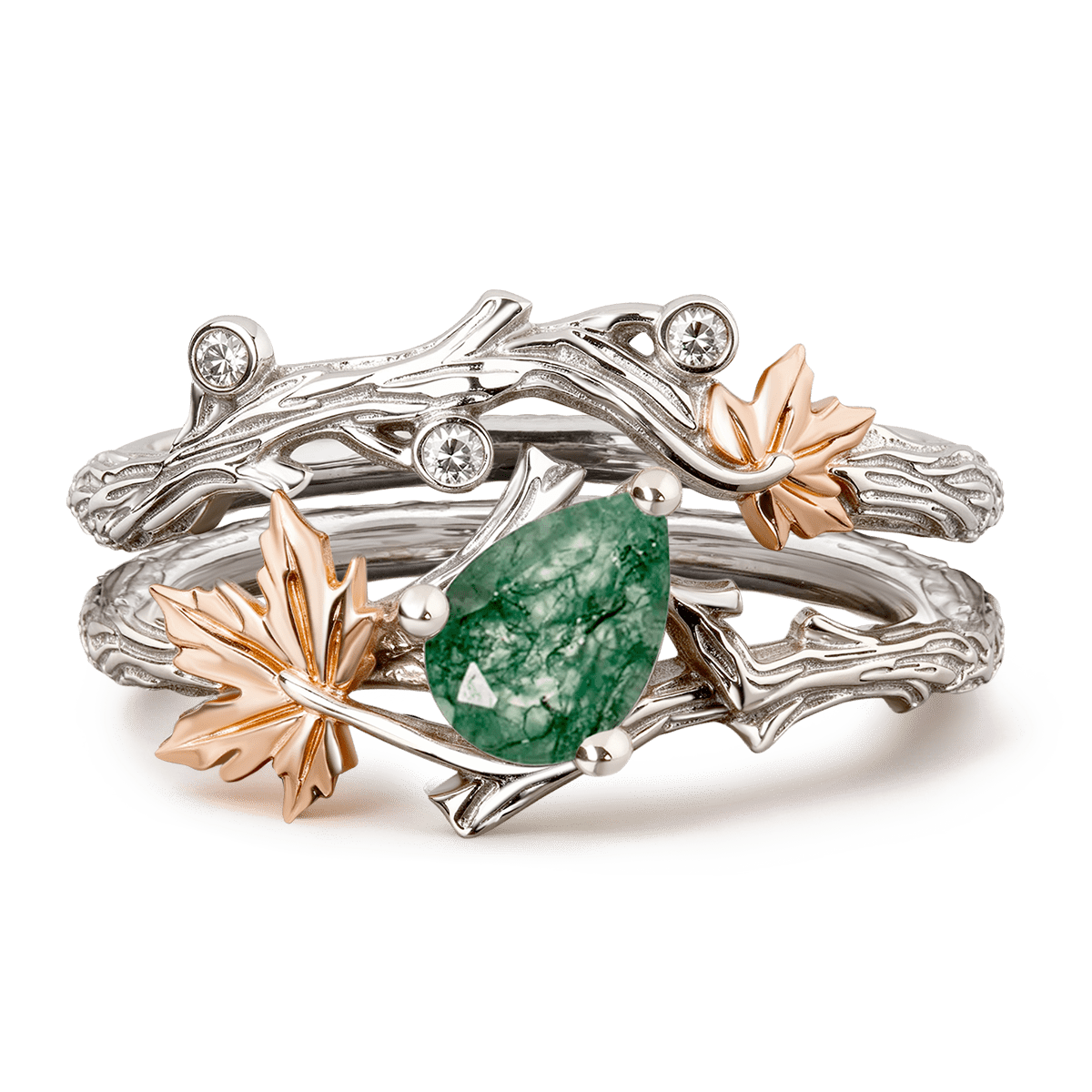 Gonce Nature-Inspired Vine & Leaf Moss Green Pear-Cut Engagement Ring Set_1