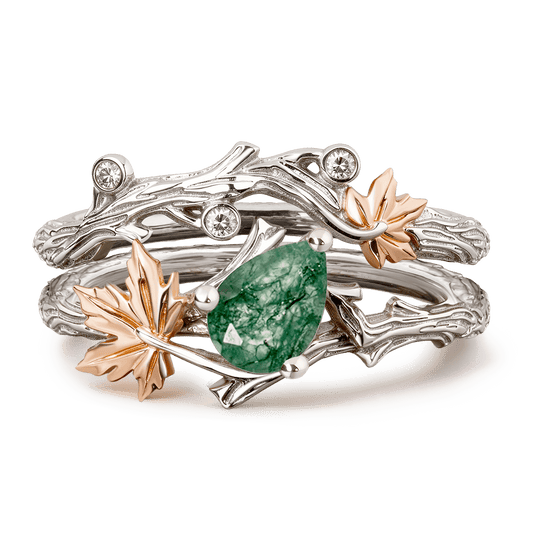 Gonce Nature-Inspired Vine & Leaf Moss Green Pear-Cut Engagement Ring Set_1