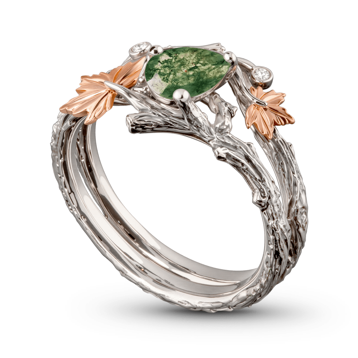 Gonce Nature-Inspired Vine & Leaf Moss Green Pear-Cut Engagement Ring Set_5