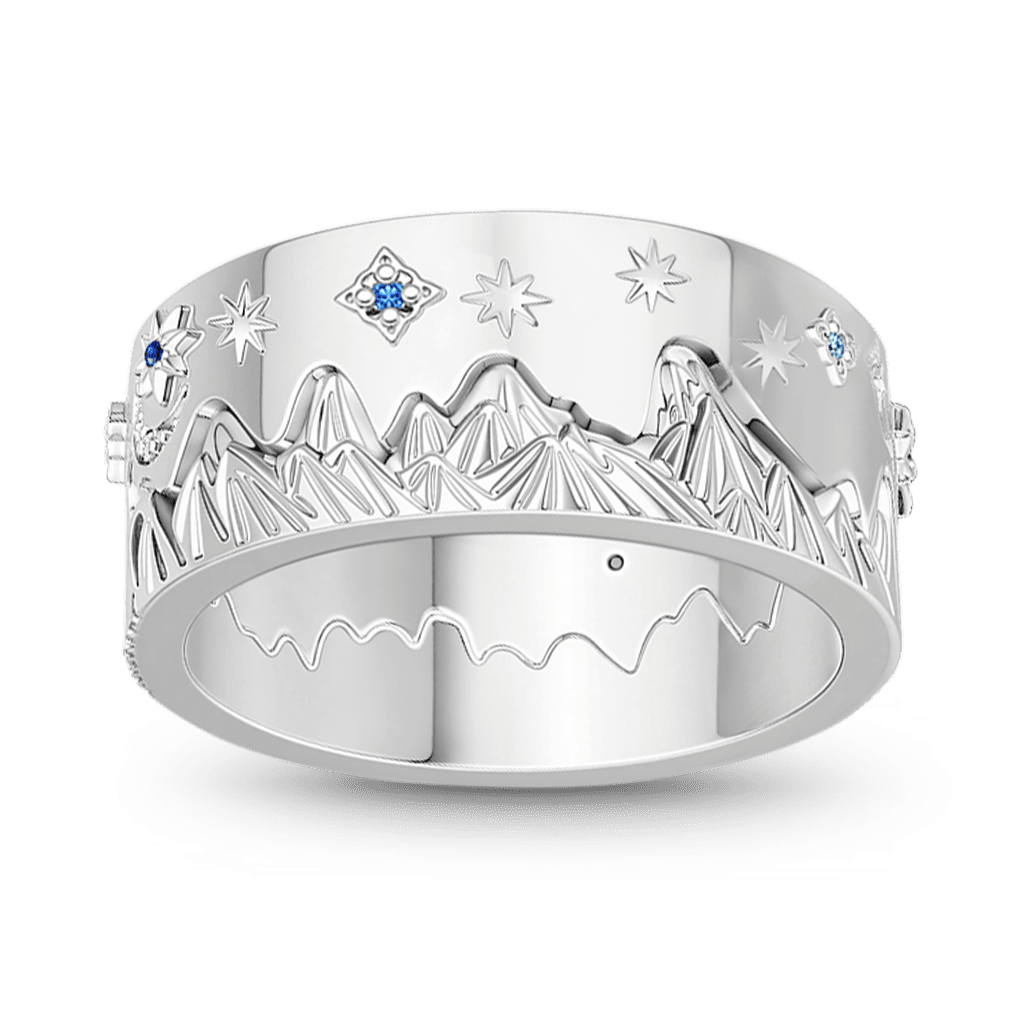 Gnoce Crescent Moon Stars Mountain Ring Set Platinum-plated Silver Blend_5