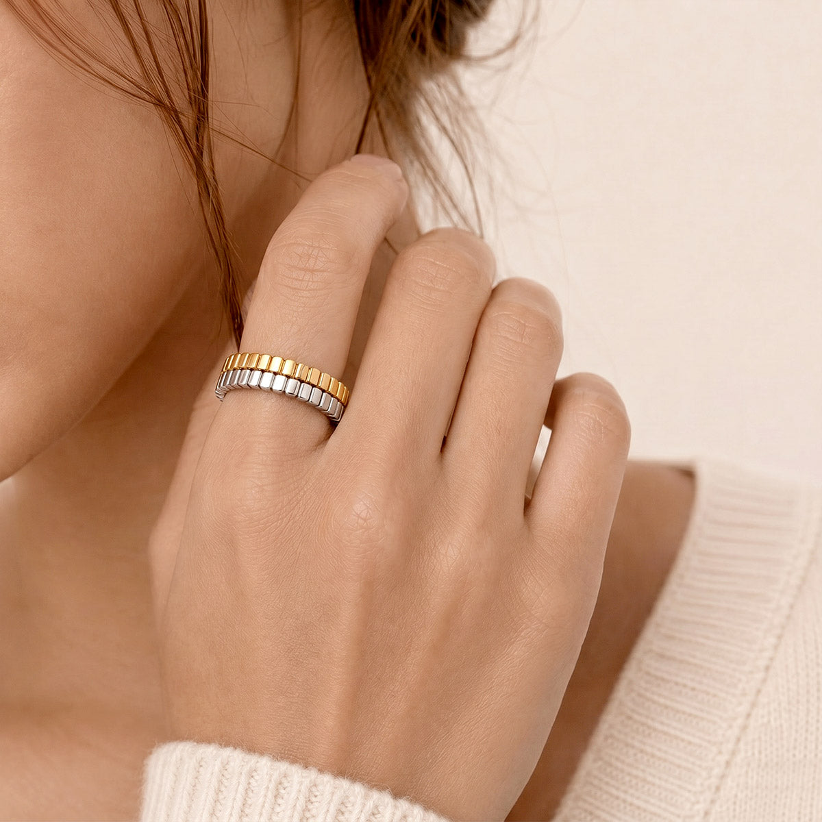 Gnoce Gold Silver Beaded Eternity Stacking Ring Set_2