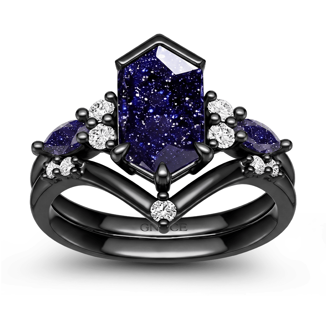 Gnoce Dark Blue Starry Night Sparkling Gemstone Ring Set_5