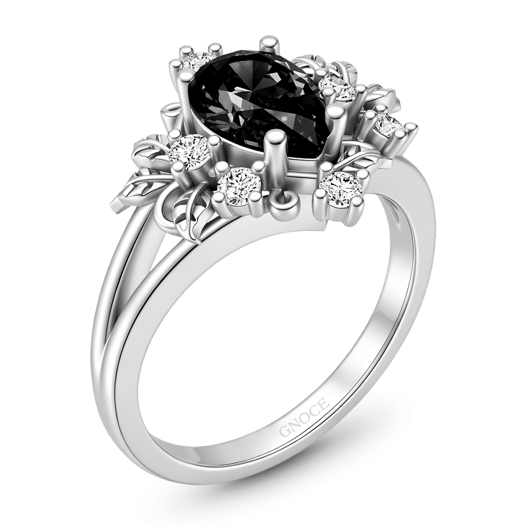 Gnoce Black Pear-Shaped Gemstone Floral Vintage Ring Platinum-plated Silver Blend_4