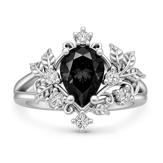 Gnoce Black Pear-Shaped Gemstone Floral Vintage Ring Platinum-plated Silver Blend_1