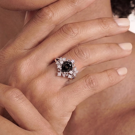 Gnoce Black Pear-Shaped Gemstone Floral Vintage Ring Platinum-plated Silver Blend_2