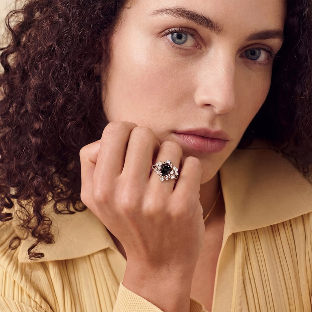 Gnoce Black Pear-Shaped Gemstone Floral Vintage Ring Platinum-plated Silver Blend_3