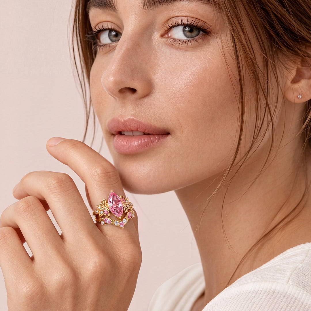 Gnoce Pink Marquise Butterfly Floral Bridal Ring Set_3
