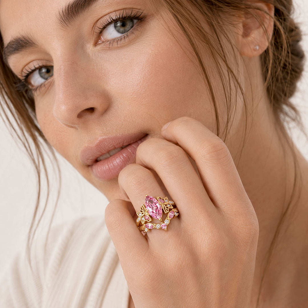 Gnoce Pink Marquise Butterfly Floral Bridal Ring Set_2