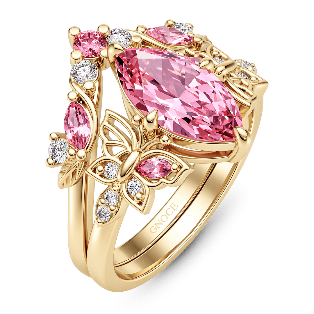 Gnoce Pink Marquise Butterfly Floral Bridal Ring Set_4