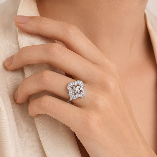 Gnoce Oval Filigree Clover Ring Platinum-plated Silver Blend_2