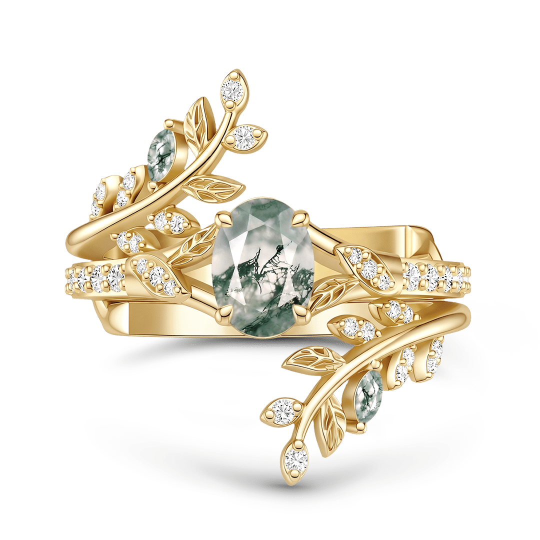 Gnoce Oval Moss Agate Leaf Vine Ring Set_1