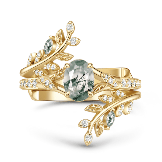 Gnoce Oval Moss Agate Leaf Vine Ring Set_1