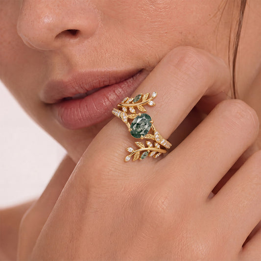 Gnoce Oval Moss Agate Leaf Vine Ring Set_2