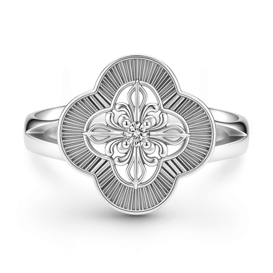 Gnoce Four-Leaf Clover Floral Engraved Ring Platinum-plated Silver Blend_1