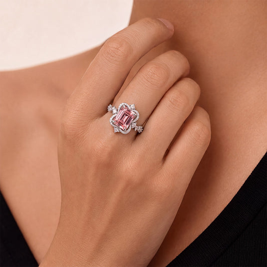 Gnoce Rectangle Cut Pink Gemstone Ring Platinum-plated Silver Blend_2