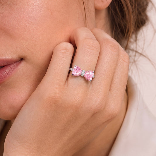 Gnoce Bow Pink Heart Gemstone Ring Platinum-plated Silver Blend_2