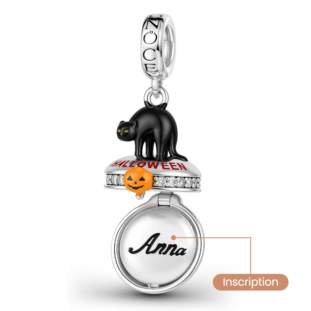 Gnoce Halloween Black Cat Box Engravable Dangle Charm Platinum-plated Silver Blend_5
