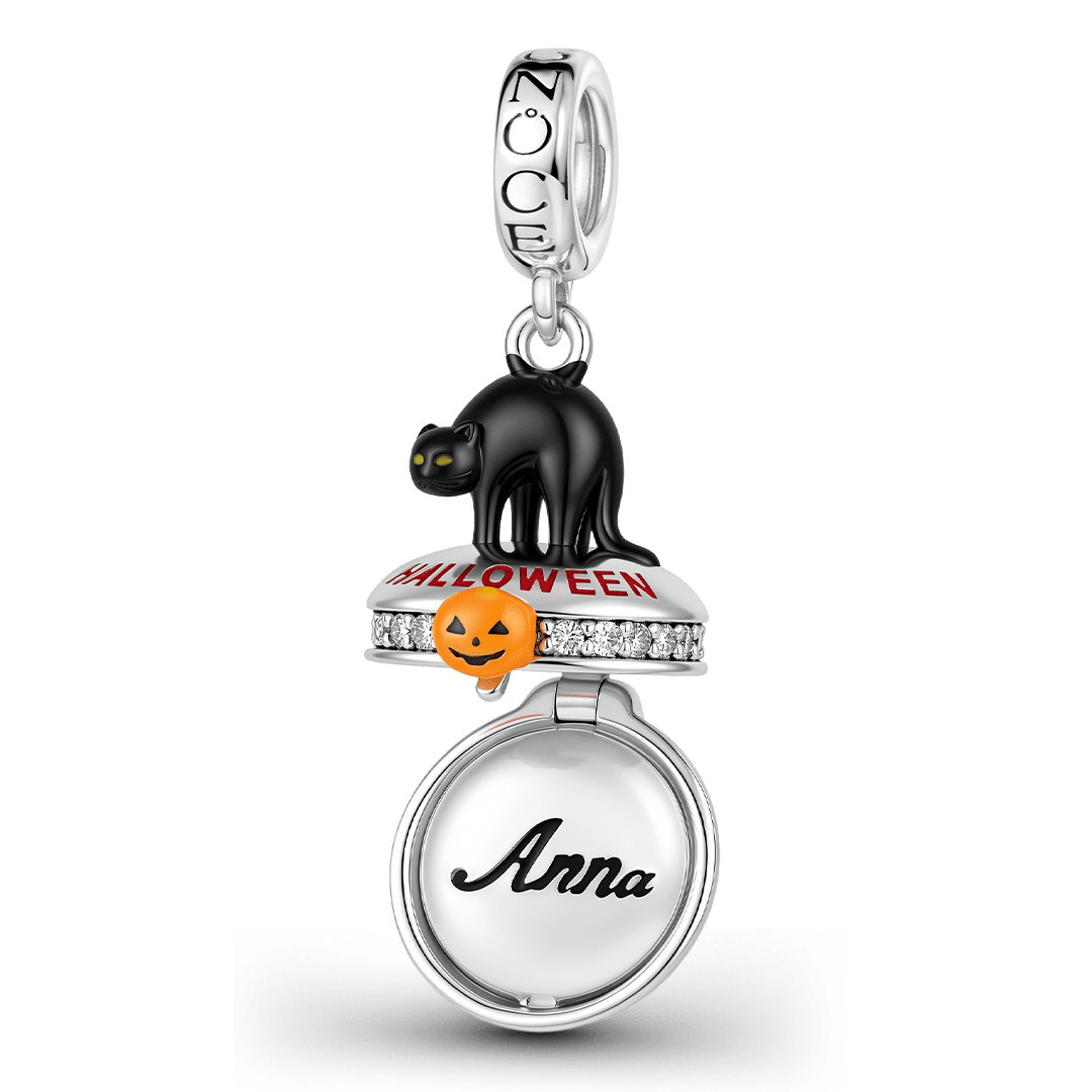 Gnoce Halloween Black Cat Box Engravable Dangle Charm Platinum-plated Silver Blend_6