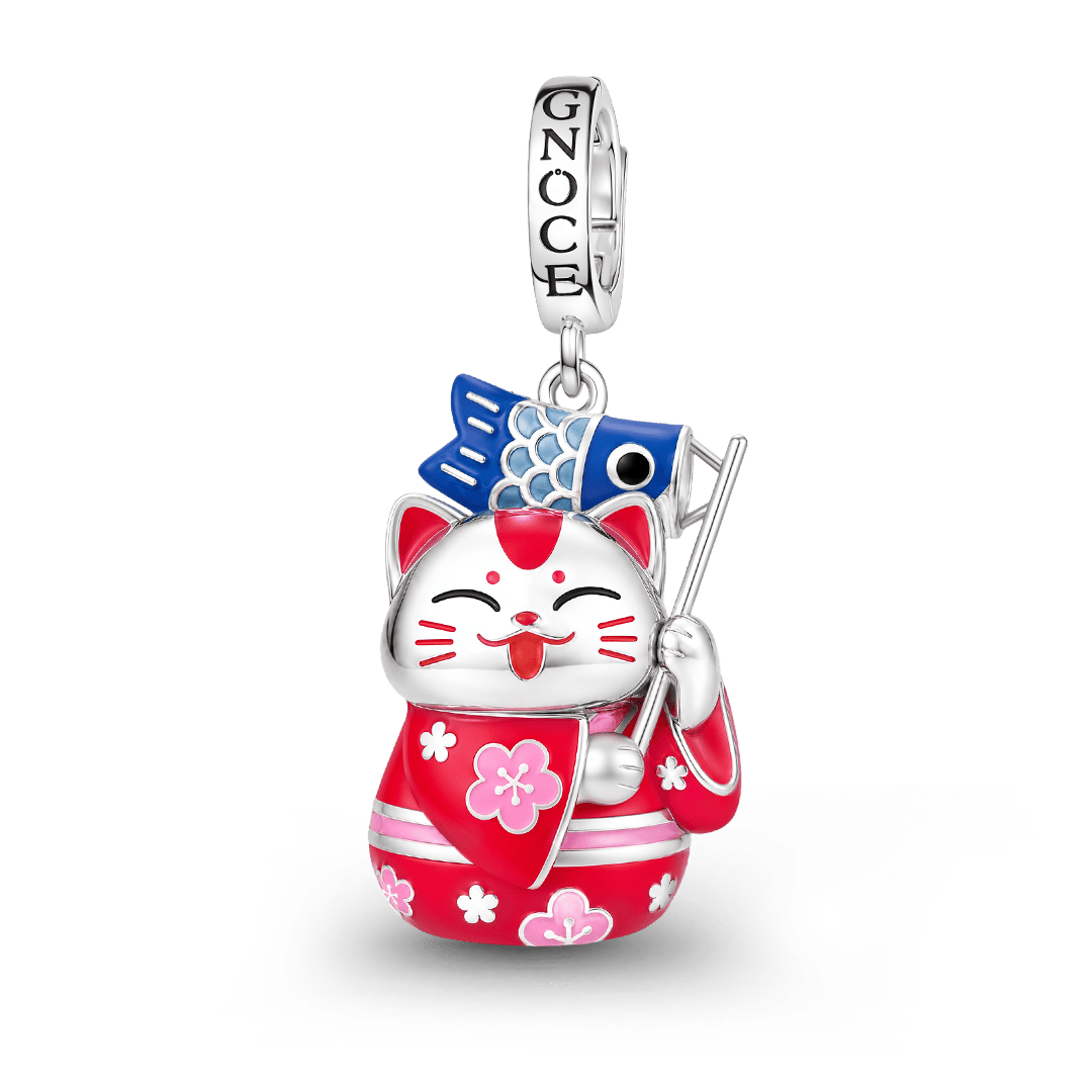 Gnoce Glow-in-the-Dark Red Kimono Lucky Cat Clasp Dangle Charm Platinum-plated Silver Blend_2