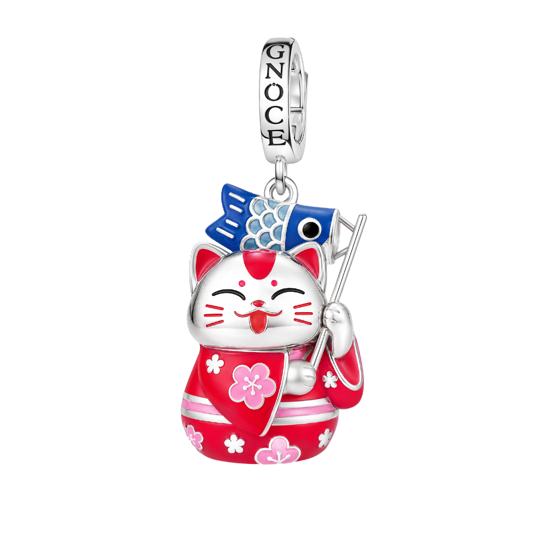 Gnoce Glow-in-the-Dark Red Kimono Lucky Cat Clasp Dangle Charm Platinum-plated Silver Blend_1