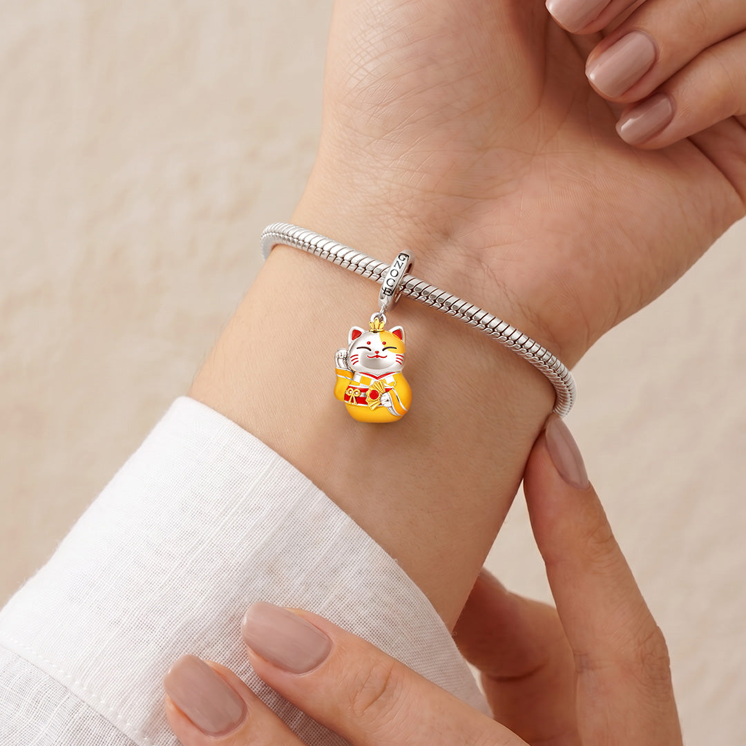 Gnoce Yellow Kimono Lucky Cat Clasp Dangle Charm Platinum-plated Silver Blend_2