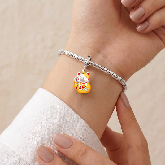 Gnoce Yellow Kimono Lucky Cat Clasp Dangle Charm Platinum-plated Silver Blend_2