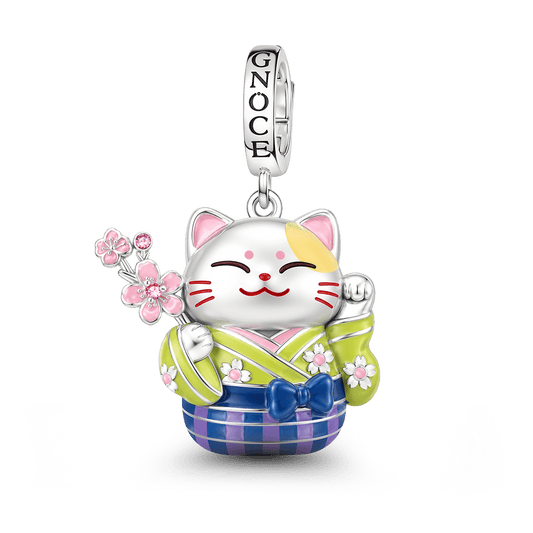 Gnoce Kimono Cherry Blossom Cat Clasp Dangle Charm Platinum-plated Silver Blend_1