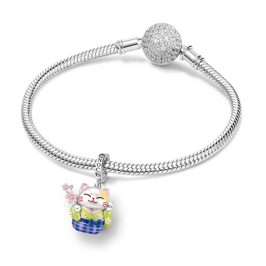 Gnoce Kimono Cherry Blossom Cat Clasp Dangle Charm Platinum-plated Silver Blend_3