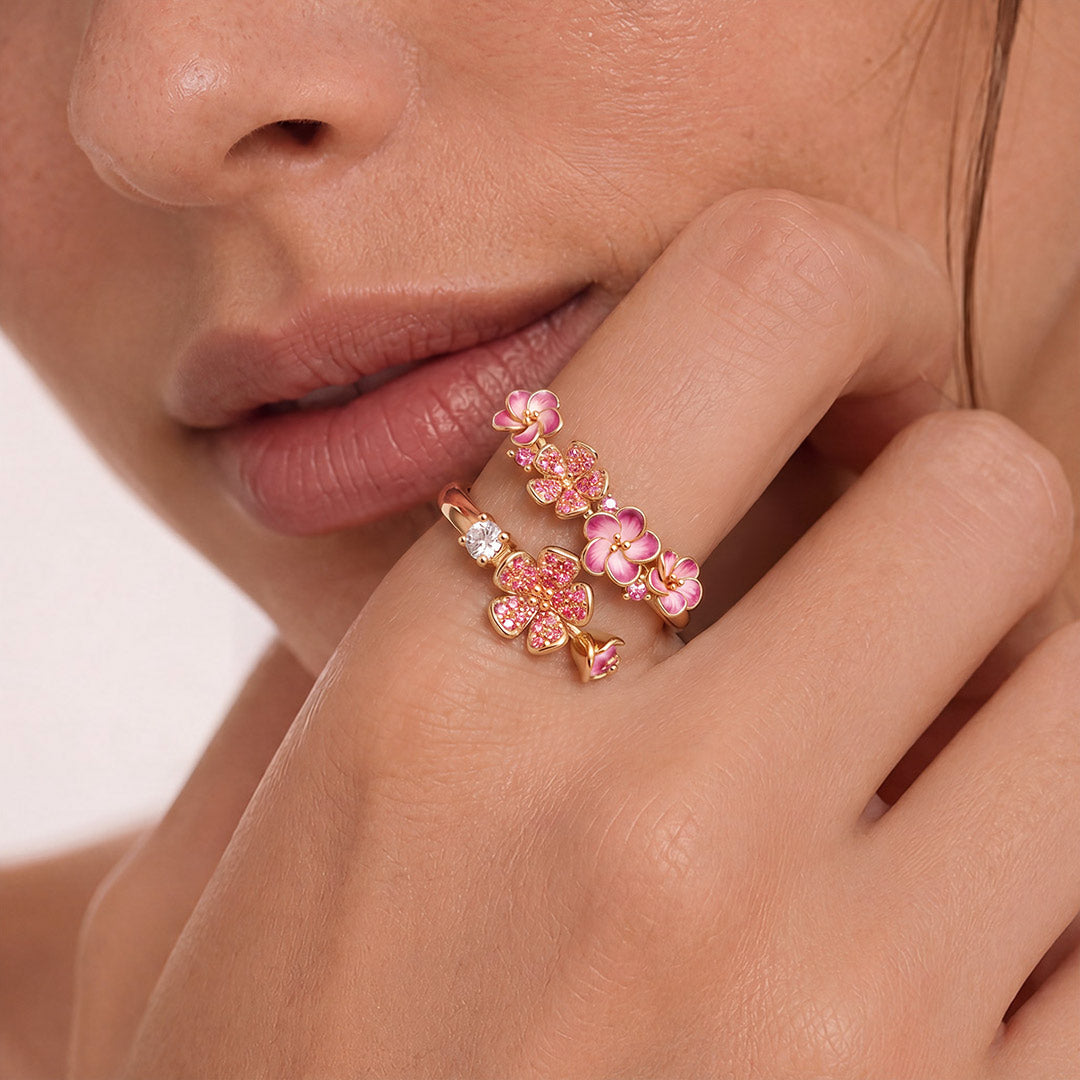 Gnoce Pink Enamel Flowers Floral Ring_2
