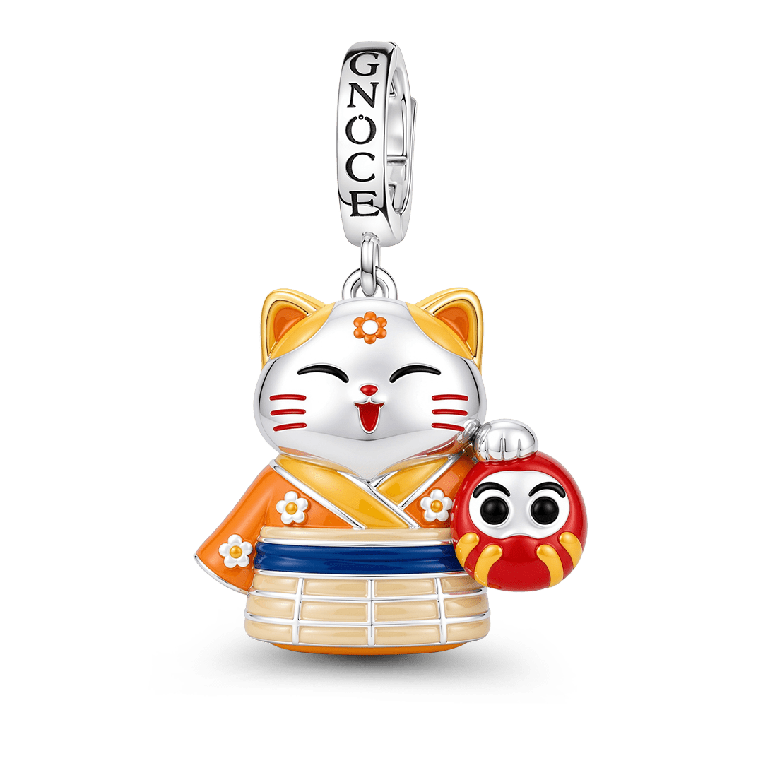 Gnoce Japanese Glow In Dark Lucky Cat Daruma Clasp Dangle Charm Platinum‑plated Silver Blend_2