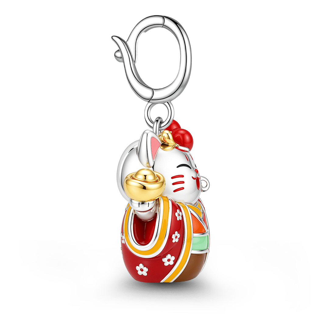 Gnoce Japanese Red Lucky Cat Gold Ingot Clasp Dangle Charm Platinum-plated Silver Blend_5