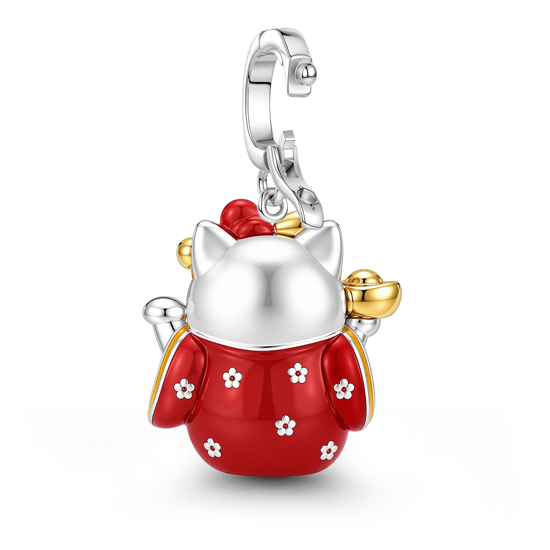 Gnoce Japanese Red Lucky Cat Gold Ingot Clasp Dangle Charm Platinum-plated Silver Blend_6