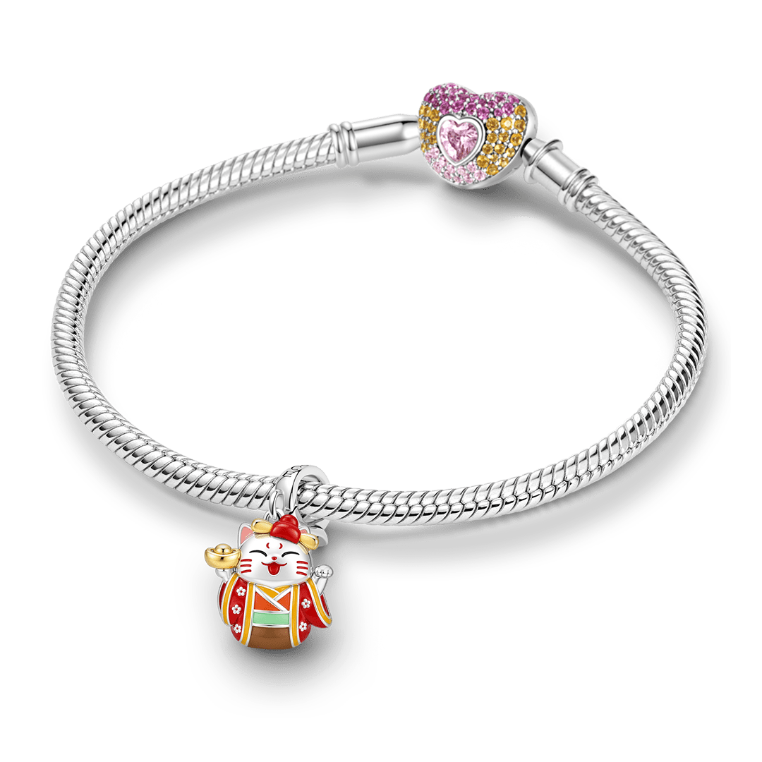 Gnoce Japanese Red Lucky Cat Gold Ingot Clasp Dangle Charm Platinum-plated Silver Blend_3