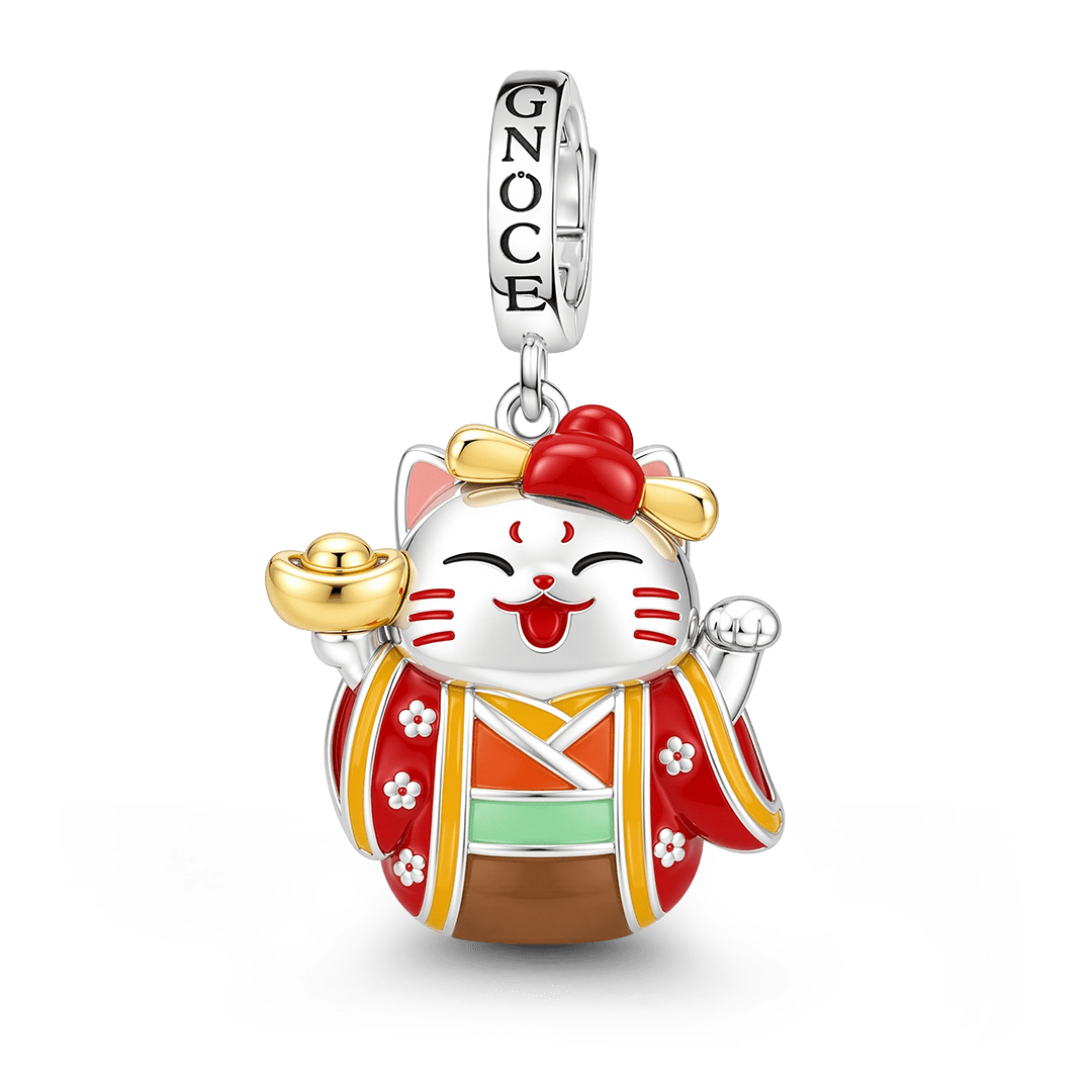 Gnoce Japanese Red Lucky Cat Gold Ingot Clasp Dangle Charm Platinum-plated Silver Blend_1