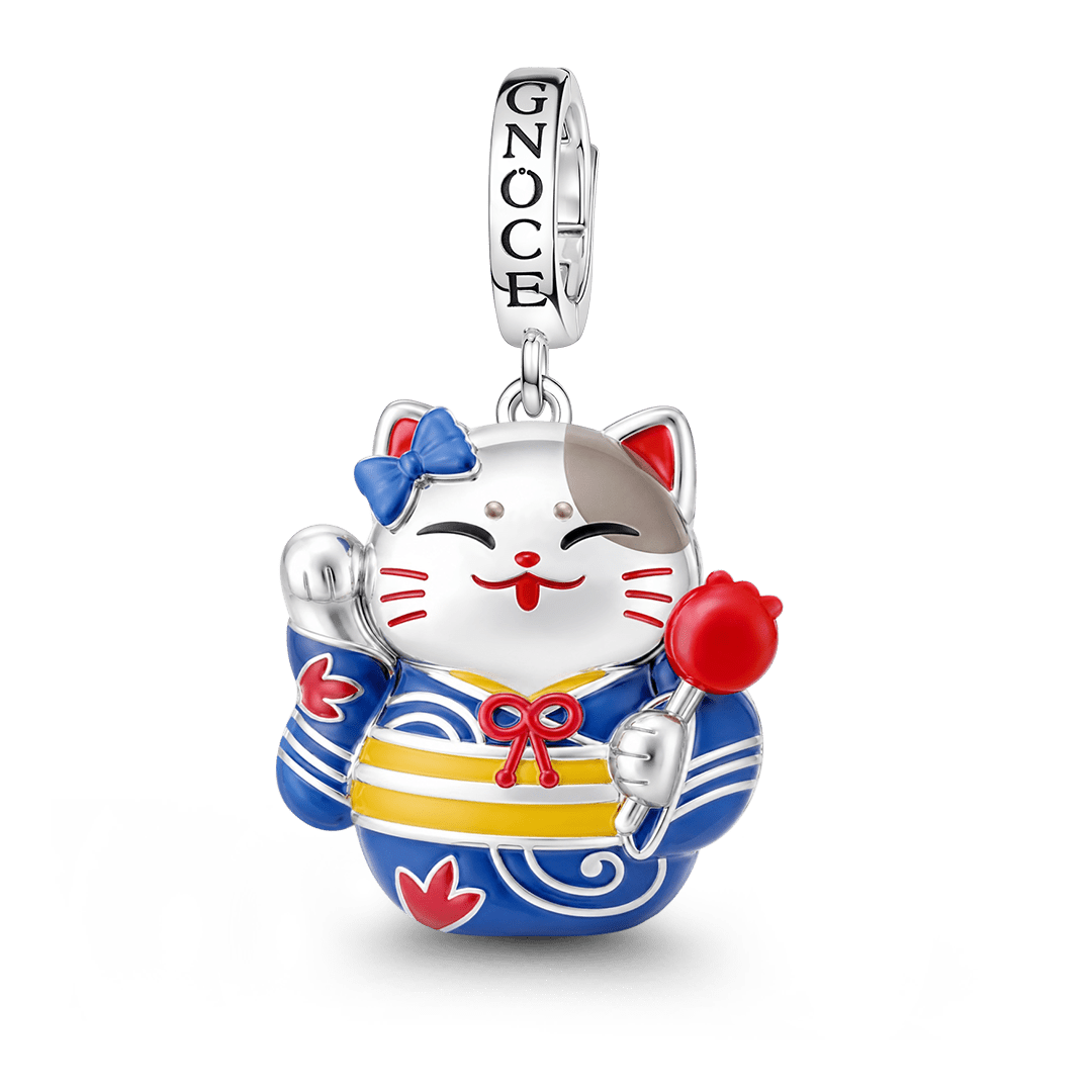 Gnoce Glow In Dark Japanese Lucky Cat Clasp Dangle Charm Platinum‑plated Silver Blend_2