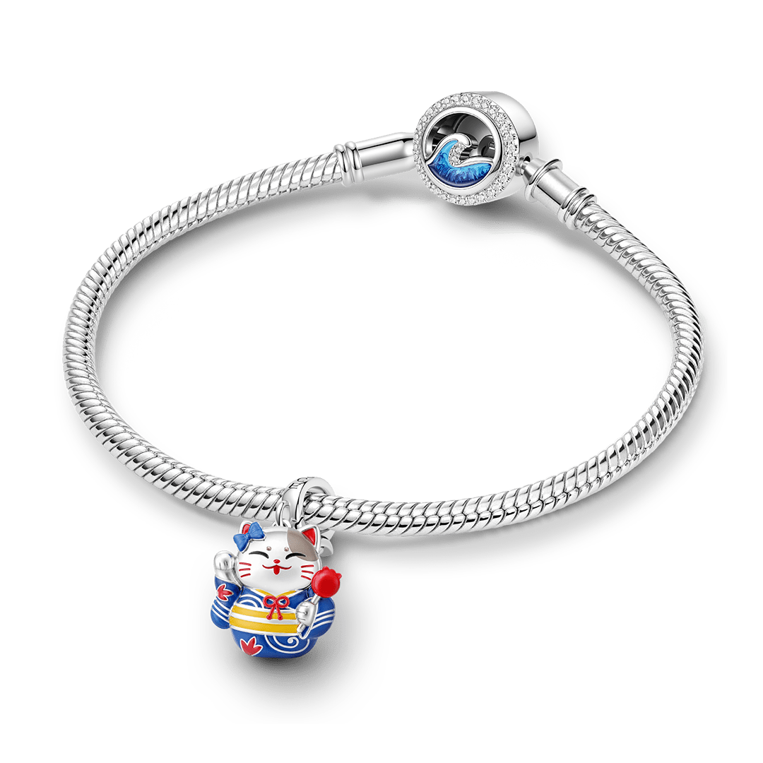 Gnoce Glow In Dark Japanese Lucky Cat Clasp Dangle Charm Platinum‑plated Silver Blend_4