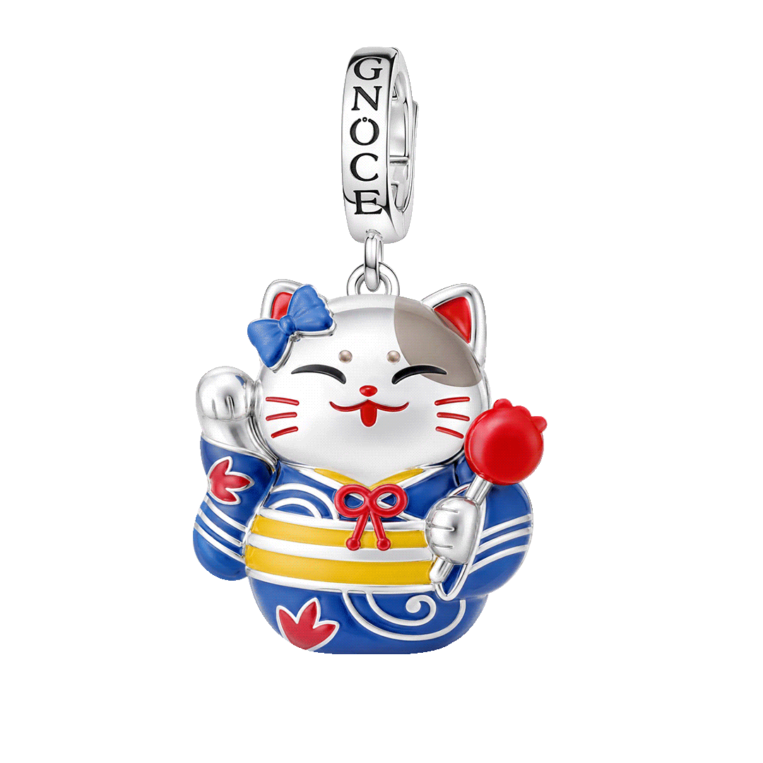 Gnoce Glow In Dark Japanese Lucky Cat Clasp Dangle Charm Platinum‑plated Silver Blend_1