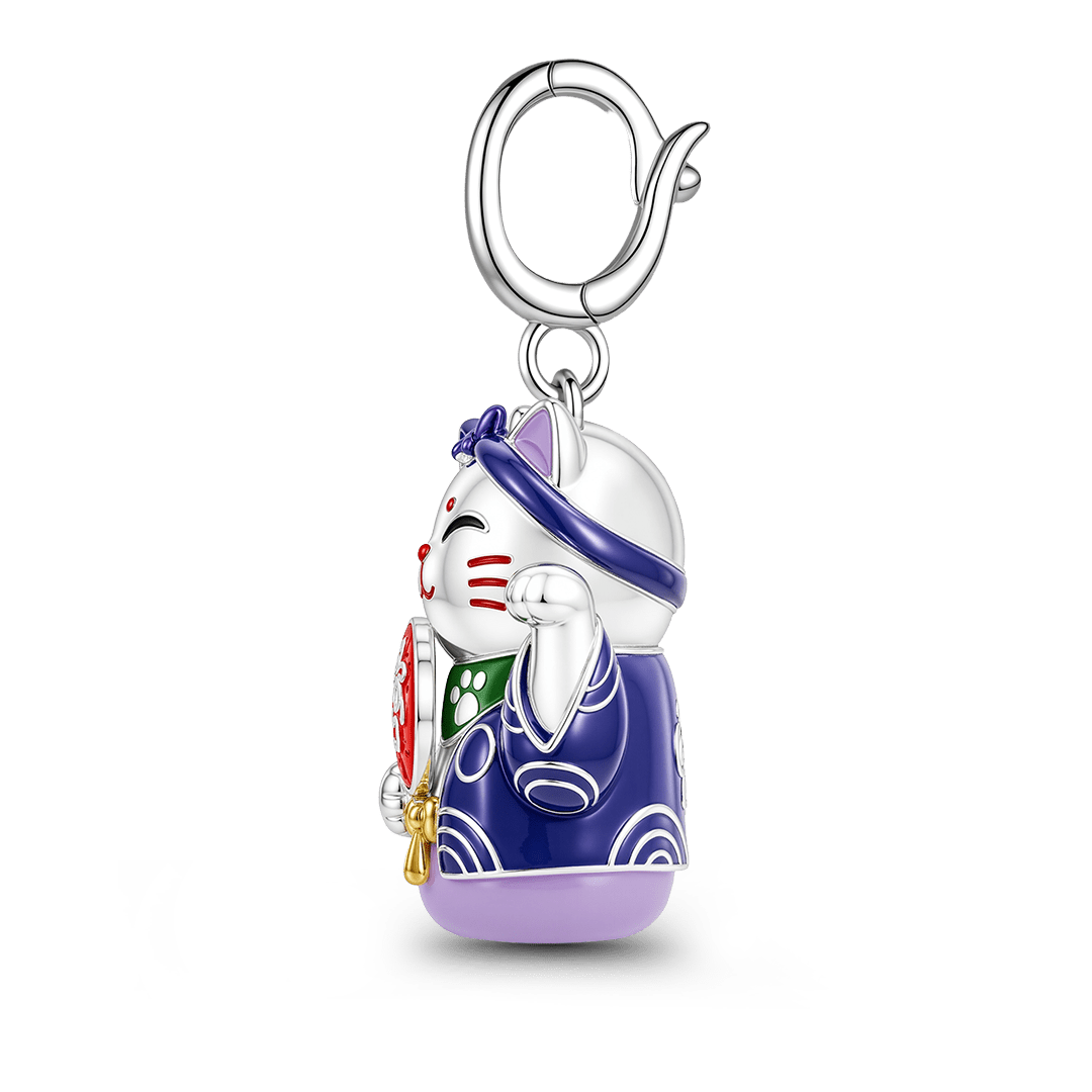 Gnoce Glow In Dark Japanese Purple Lucky Cat Clasp Dangle Charm Platinum-plated Silver Blend_5