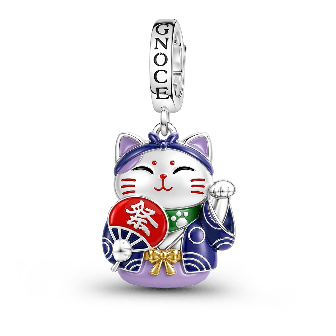 Gnoce Glow In Dark Japanese Purple Lucky Cat Clasp Dangle Charm Platinum-plated Silver Blend_2