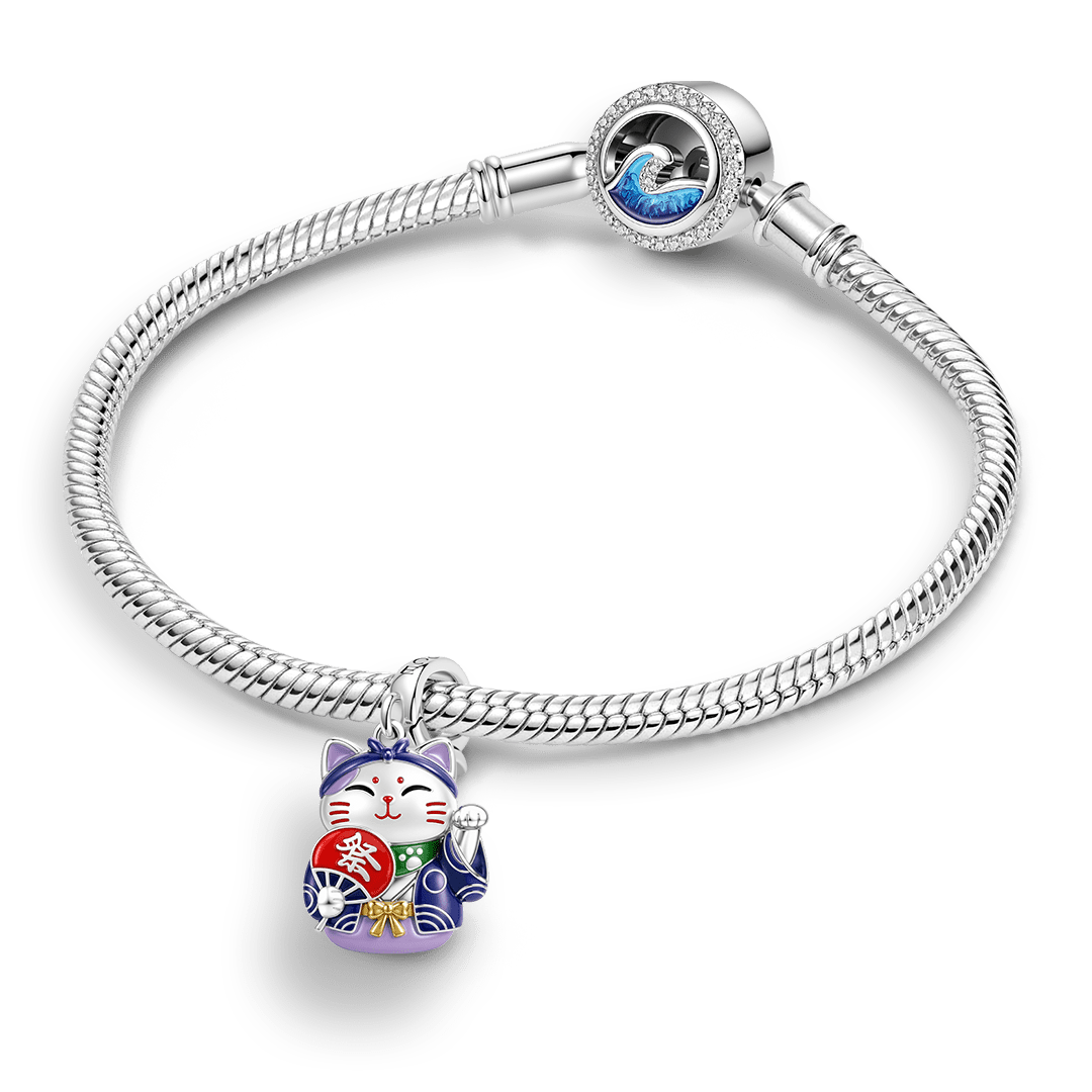 Gnoce Glow In Dark Japanese Purple Lucky Cat Clasp Dangle Charm Platinum-plated Silver Blend_4