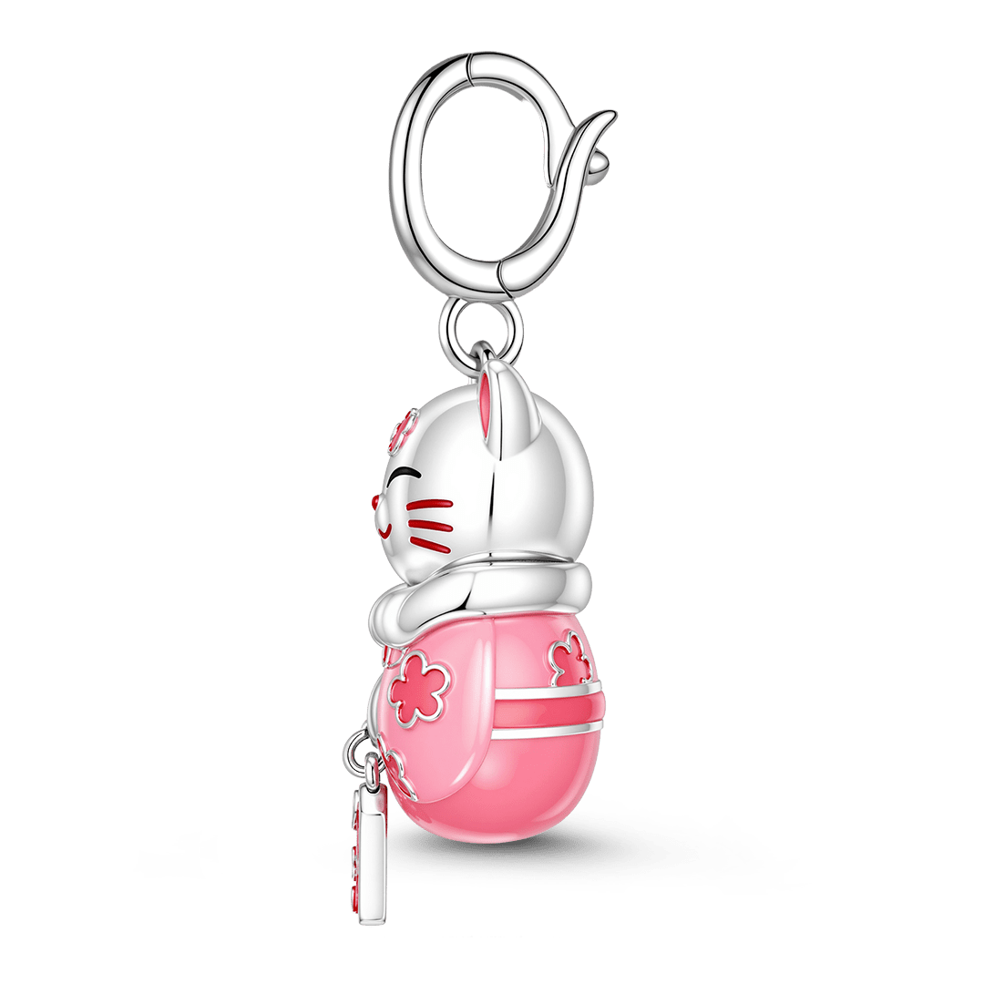 Gnoce Glow In Dark Japanese Sakura Lucky Cat Clasp Dangle Charm Platinum-plated Silver Blend_6