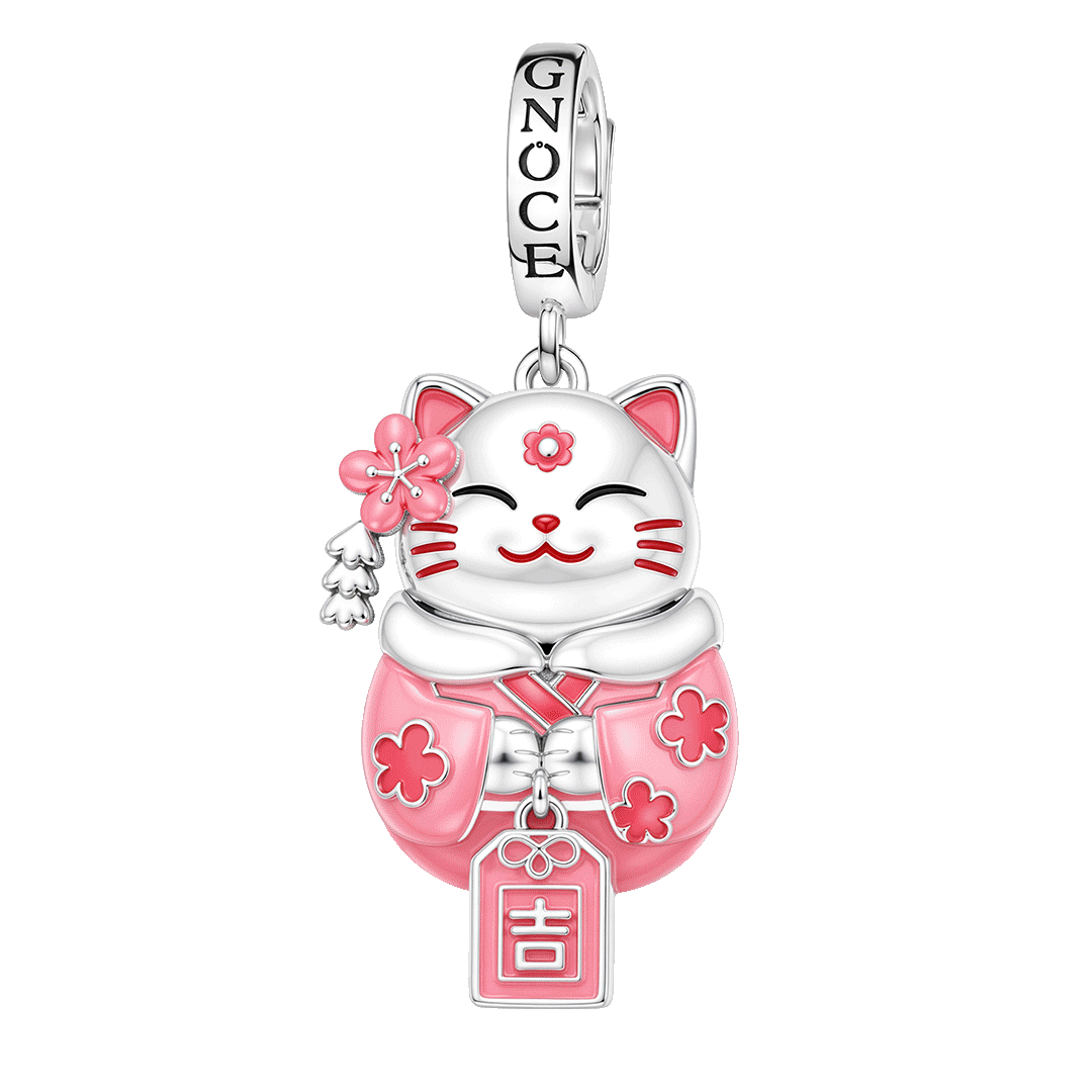Gnoce Glow In Dark Japanese Sakura Lucky Cat Clasp Dangle Charm Platinum-plated Silver Blend_1